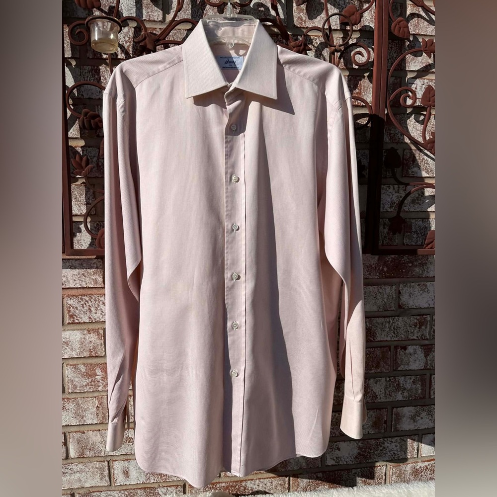 Brioni Dress Shirt Men’s 16.5 Pink Striped Button Down Neiman Marcus Italy.